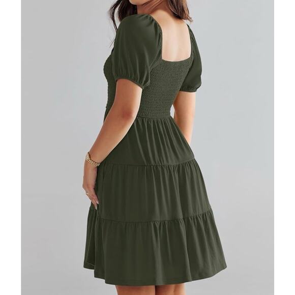 Women's Summer Casual Dress Square Neck Puff Sleeve Boho Beach Vacation XL Green - Picture 11 of 11